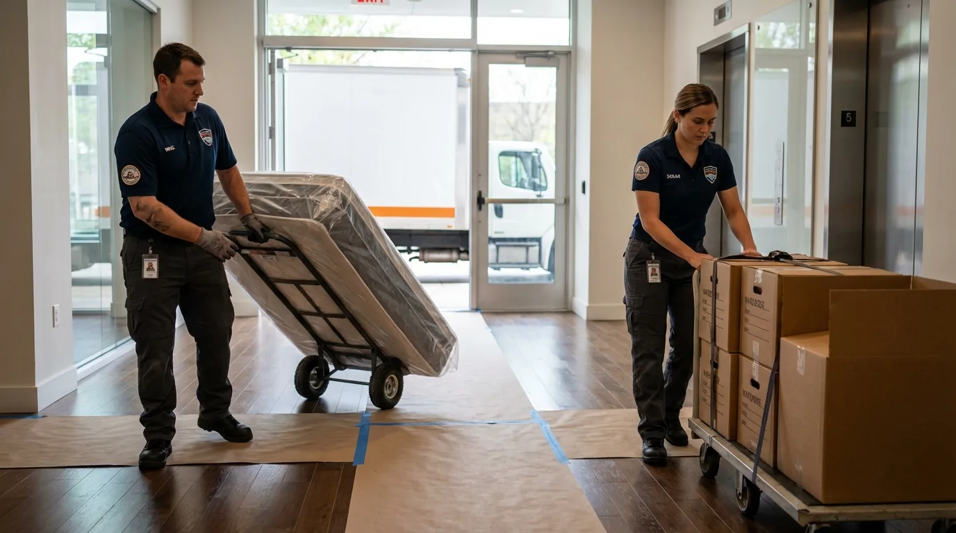 Professional apartment movers loading elevator in Somerset, PA